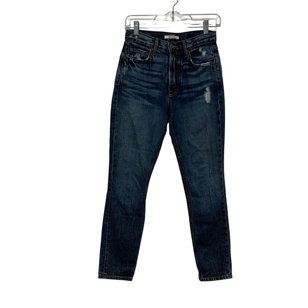 Grlfrnd Blue High-Rise Button-Fly Distressed Look Slim Fit Dark Wash Women's Jea